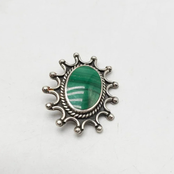 Vintage Taxco Mexican 925 Sterling Silver SUN Malachite Brooch Pin 19.92 Grams - Picture 2 of 6